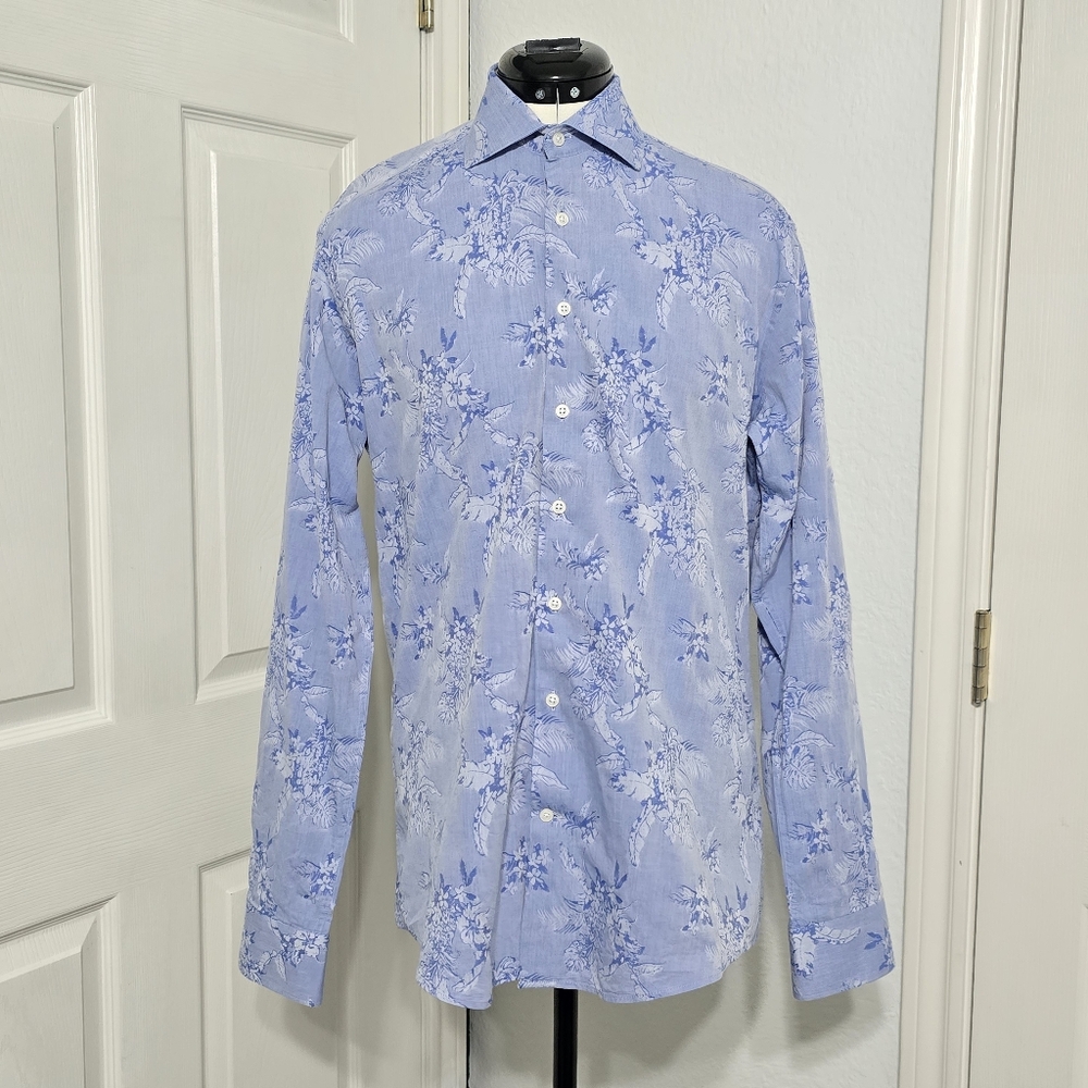 Kurt River Blue Floral Slim Fit Shirt Size Medium 100% Cotton Long Sleeve